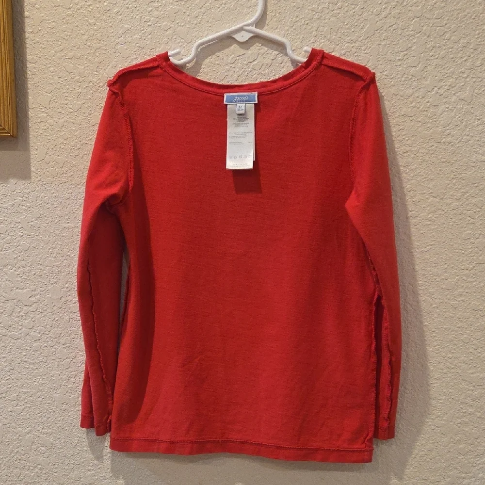 Jacadi Kids Vibrant Red Long Sleeve Tee with Navy Blue Bow.